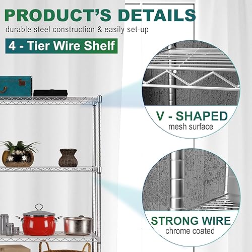 Miniatura 4 de Estantería de almacenamiento ajustable de 4 niveles, estantes de metal, organizador de acero, estantería de garaje, estante de alambre para