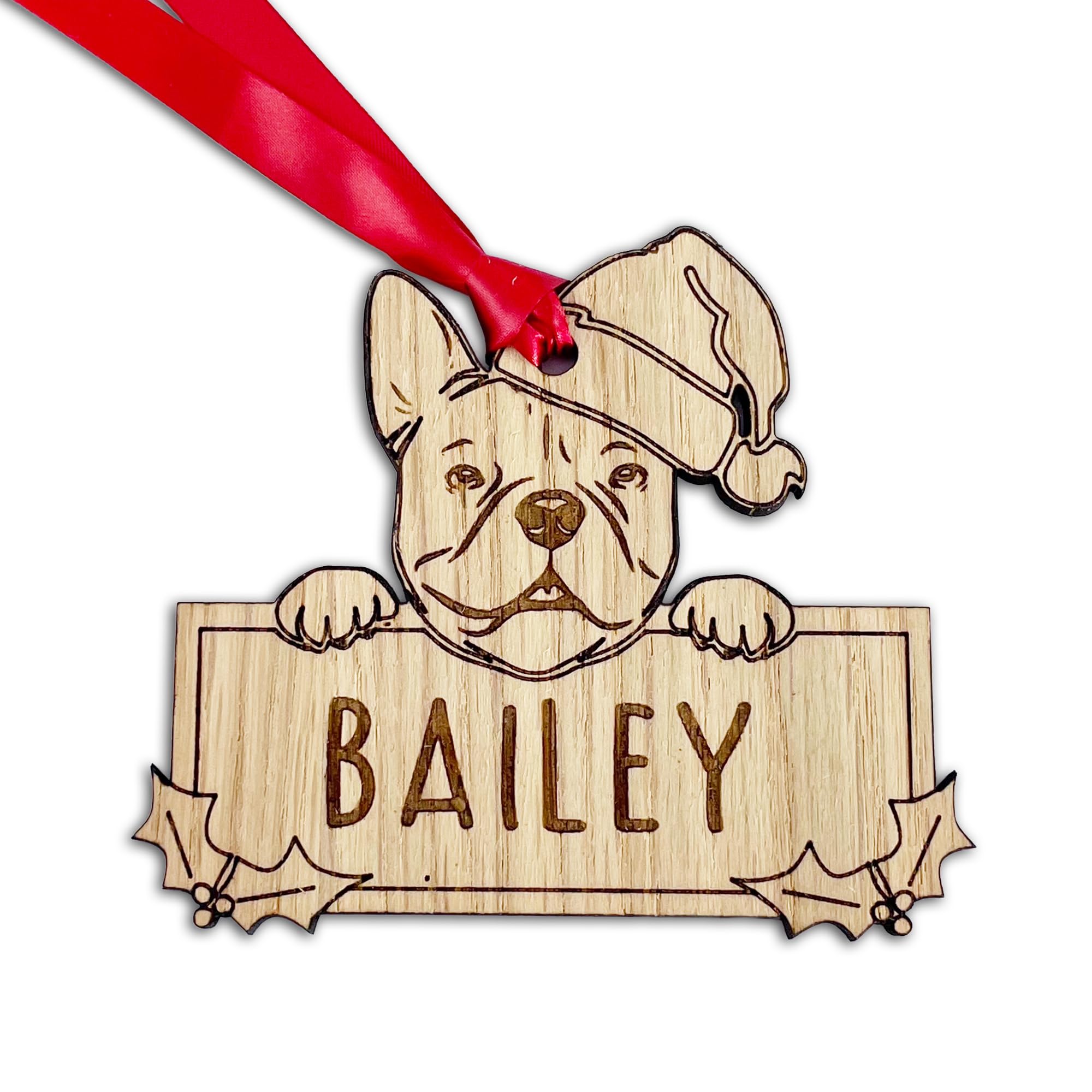Personalised French Bulldog Dog Christmas Tree Bauble, Peeking Design, 9.5W x 9H cm, Oak Veneer Wood Decoration with Red Ribbon (Decoration with Gift Box)
