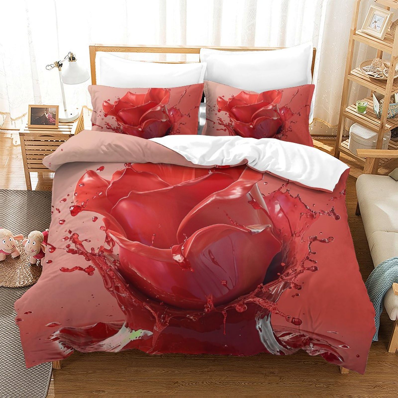 Linge de lit roses 3D 260x220cm avec taies d’oreiller en tissu microfibre souple