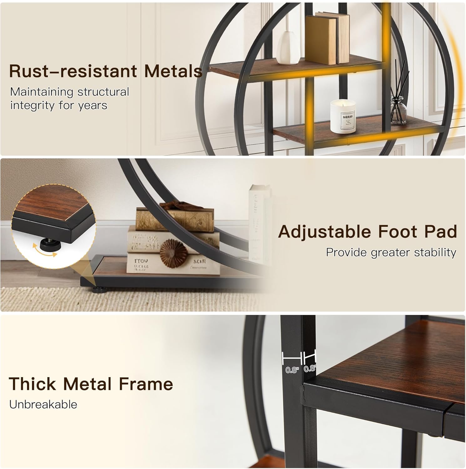 Close-up images showing rust-resistant metals, adjustable foot pads, and thick metal frame