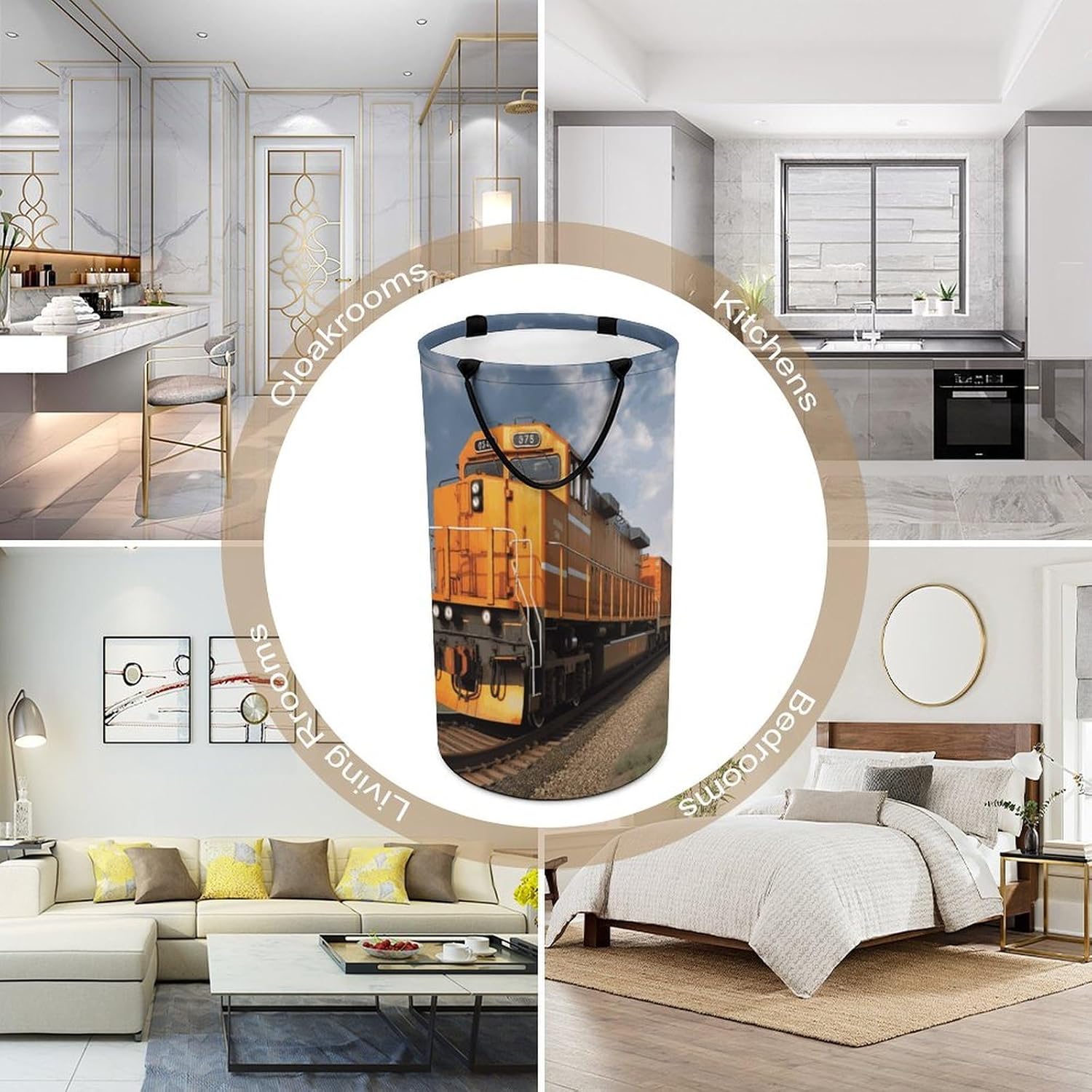 Freight Train Laundry Hamper with Handles Waterproof Collapsible Laundry Basket Large Lightweight Round Dirty Clothes Hamper for Home Dorm Bathroom Decor