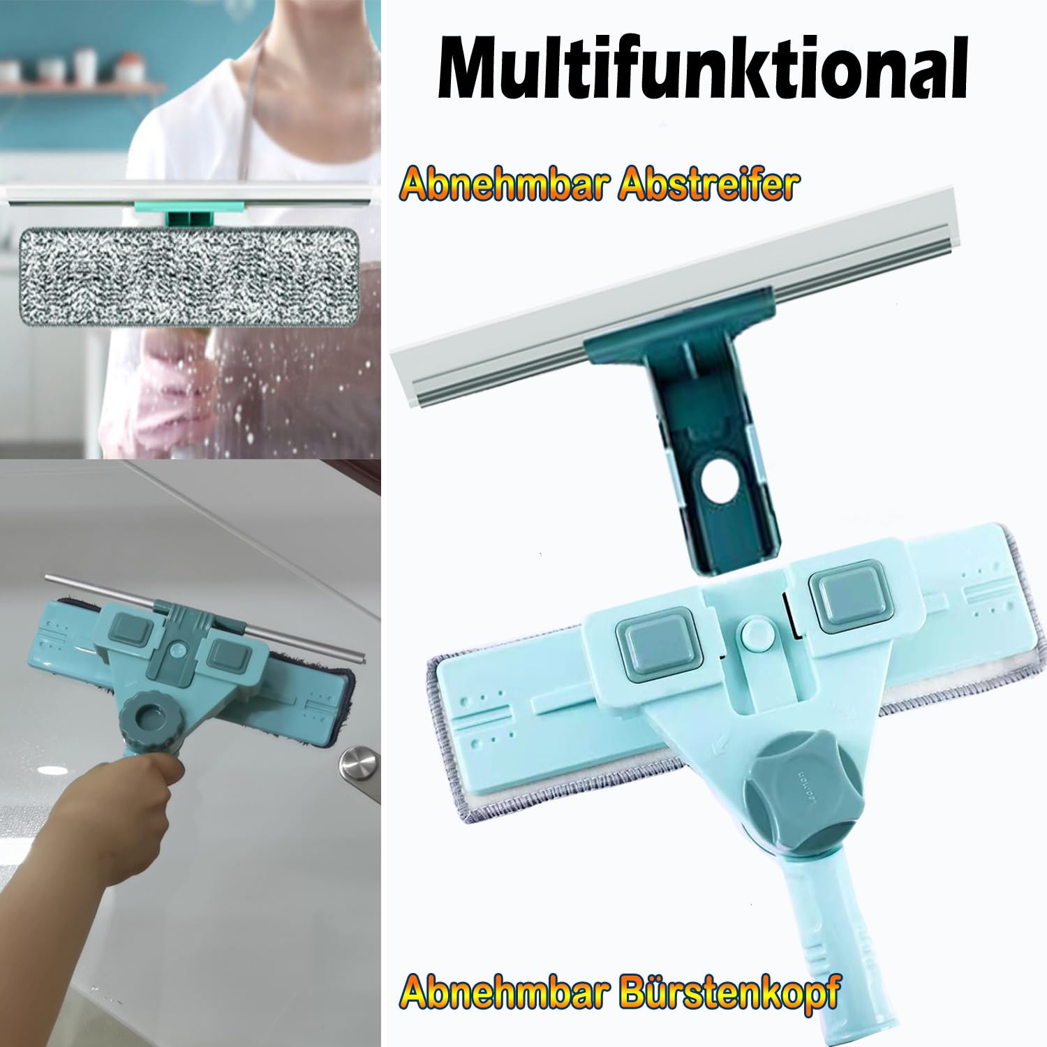 Hooha Fensterwischer Reiniger Fensterabzieher Teleskop U-Bügel Stange 2-in-1 Fensterputzer mit 180°Schwenkkopf Fenster Putzen Wischer Set für hohe Fenster/Dusche/Auto 69-145cm (U-Bügel)