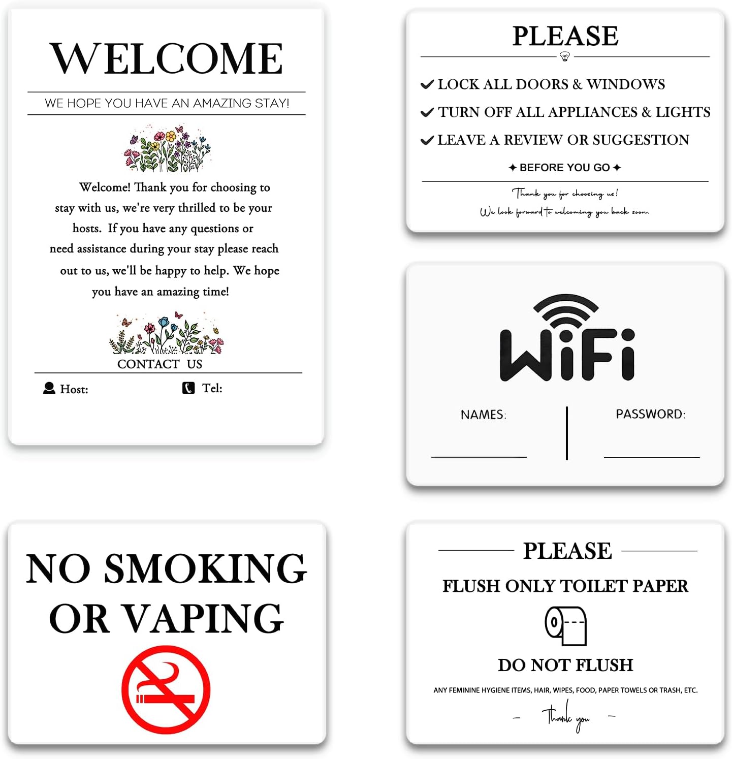 5 Acrylic Air BnB Sign Bundle, Magnetic Welcome Signs | Wifi Password Fridge Magnet, House Rules – Do Not Flush for Bathroom Toilet Guests | No Smoking Signage | STR Host | Rental Home | VRBO Signs