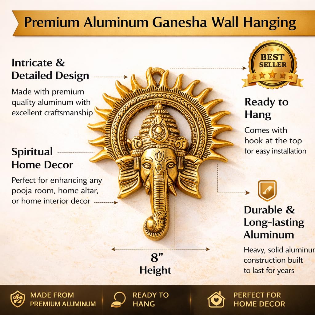 RSN Metal Ganesha Wall Hanging Sculpture - Lord Ganesh Idol for Home Entrance & Office Decor - Lucky Feng Shui Religious Gift Article & Decorative Showpiece (8 x 9.5 Inch) 1
