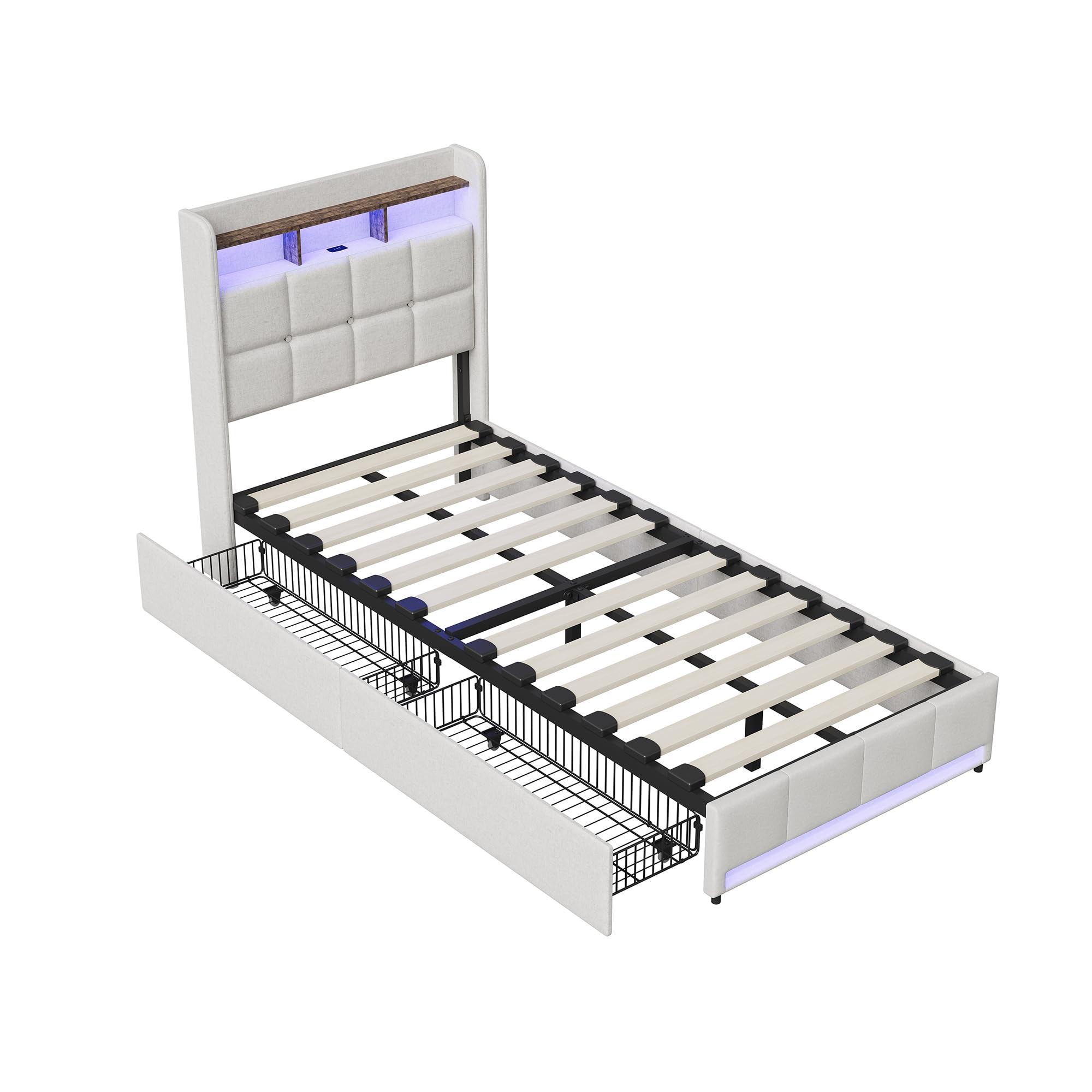 Letto imbottito 90 x 200 cm con vano portaoggetti, letto singolo con cassetti, letto per ragazzi con illuminazione a LED e stazione di ricarica, telaio in metallo e rete a doghe in legno
