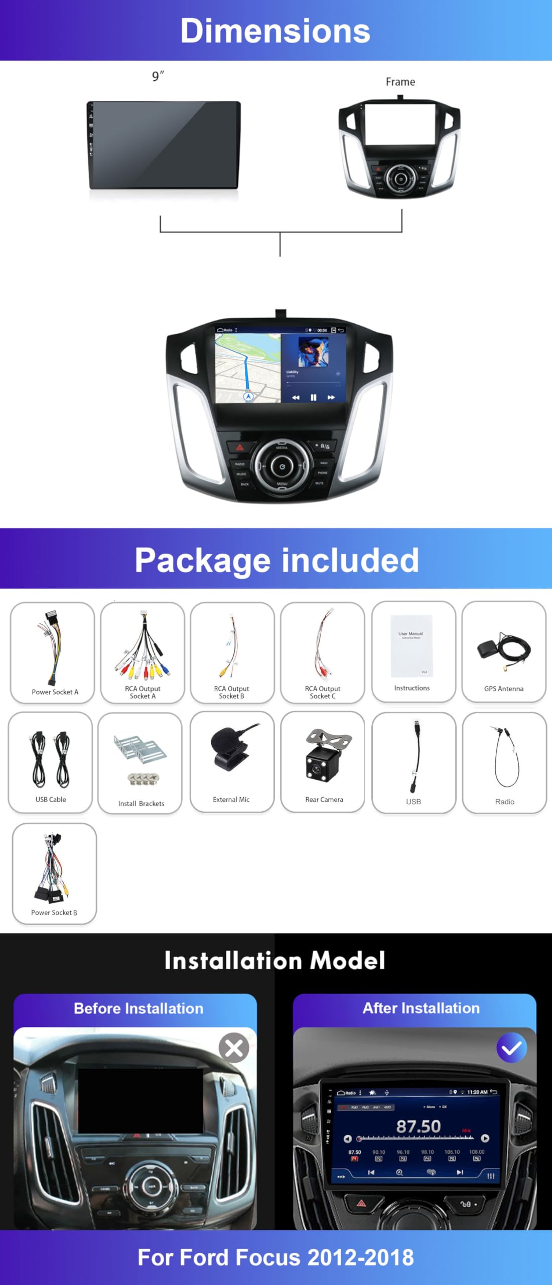 MISONDA 4G+64G Double Din Car Stereo Radio Player Android 14 For Ford Focus 2012-2017 GPS Sat Nav Head Unit With Wireless Carplay DSP WIFI RDS BT5.0 USB AUX - Image 2