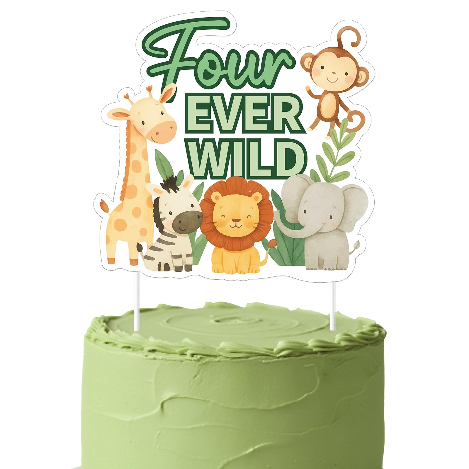 Four Ever Wild 4th Birthday Cake Topper,Double-Sided Jungle Safari Animals Happy Birthday Party Decoration for Boys Girls Wild Four Ever Wild Bir thday Supplies