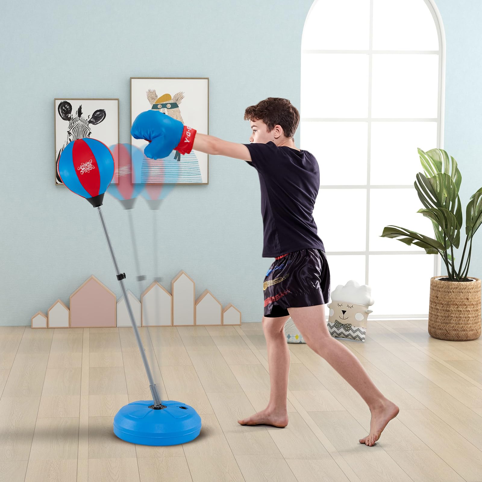 GOPLUS Juego de Saco de Boxeo, Altura Ajustable 120-154 cm, Saco de Boxeo de Pie con Guantes de Boxeo, Bomba y Base Rellenable, Punchingball para Niños y Adultos, para Ejercicio o Entrenamiento