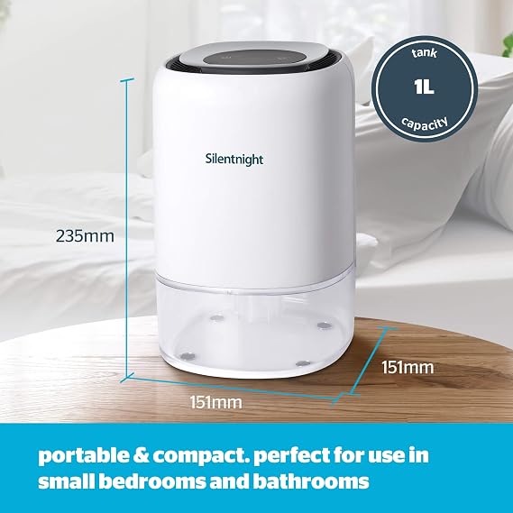 Silentnight Airmax 300 Dehumidifier - Small 1000ml Air Dehumidifier for Home Bedroom Bathroom with Quiet Peltier Technology, Auto Shut Off and Night Light - for Damp Mould Moisture Drying Clothes