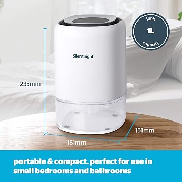 Silentnight Airmax 300 Dehumidifier - Small 1000ml Air Dehumidifier for Home Bedroom Bathroom with Quiet Peltier Technology, Auto Shut Off and Night Light - for Damp Mould Moisture Drying Clothes