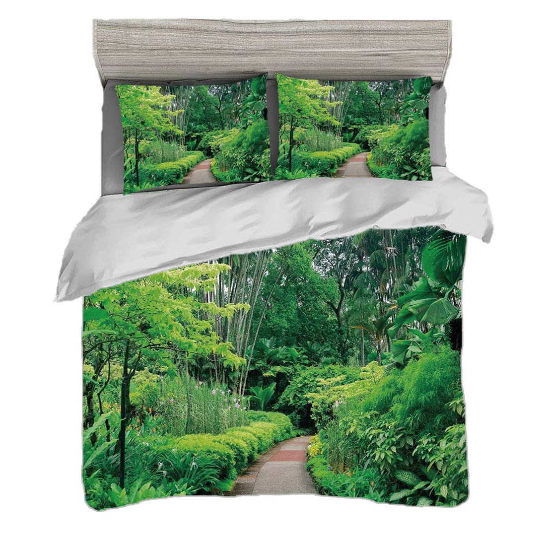 Duvet Cover Set King Size(230 x 220cm) with 2 Pillow Shams Forest Microfiber Bedding Sets Green Plants Trees in Singapore Asia Botanic Gardens Walkway Travel Destination Arboretum,Green Easy Care Anti