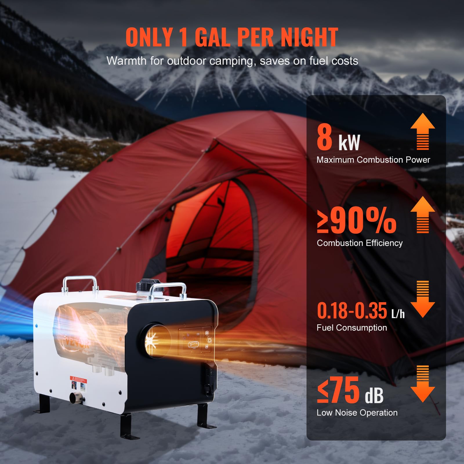 VEVOR Chauffage Diesel 8 kW, Réchauffeur d'Air Tout-en-Un 12/24/220 V, Contrôle par App Bluetooth, Télécommande et Écran d'Affichage, Alarme CO, Portable, Chauffage Rapide, pour Voiture Camping-car
