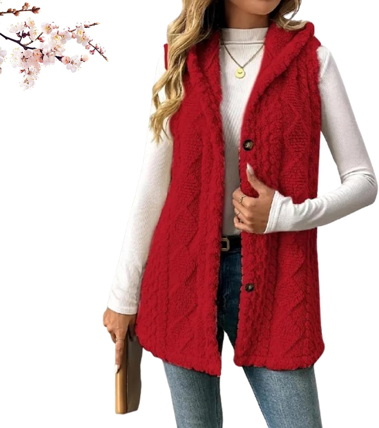 Womens Sherpa Vest with Hood, Winter Fleece Button up Long Vest Jackets, Lightweight Warm Ladies Jackets