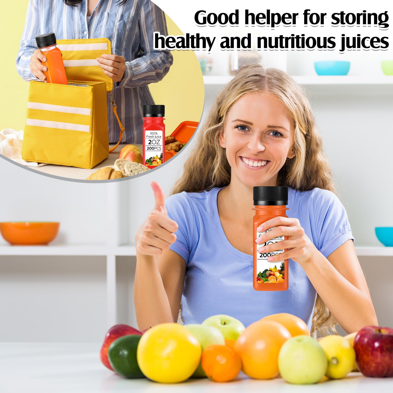 Sliner 200 botellas pequeñas de plástico de 2 onzas para jugo de jengibre con tapas, vial líquido, reutilizable, transparente, con tapa, aptas para congelador, a prueba de fugas, para jugo, leche,