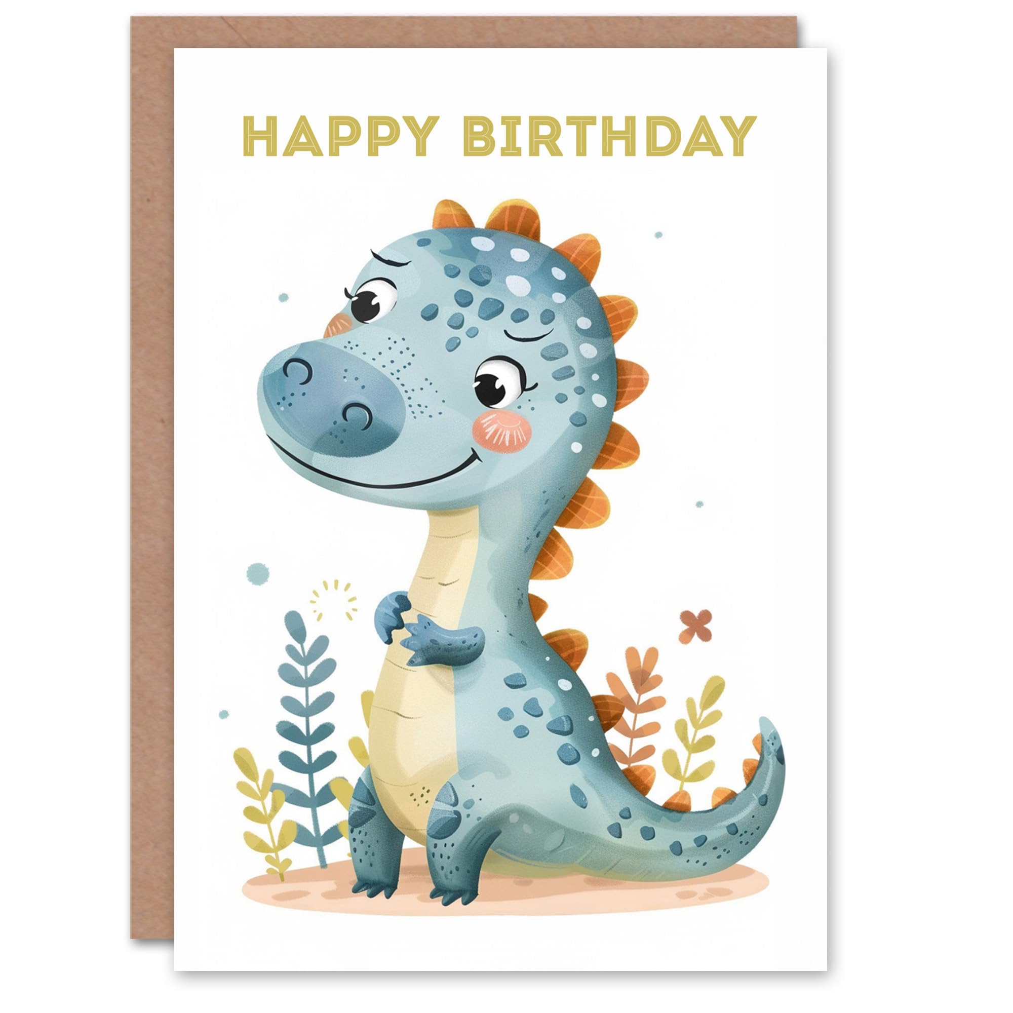 Artery8 Birthday Card - Kids Dinosaur Cartoon Drawing - Blue
