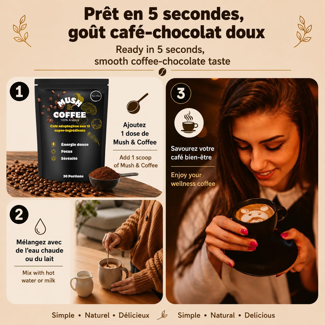Alternative au Café – Substitut de Café Instantané Reishi & Lion’s Mane – PureVibes Mush & Coffee – Énergie Stable & Concentration – Vegan Sans Sucre – 15 Portions (30, Tasses)