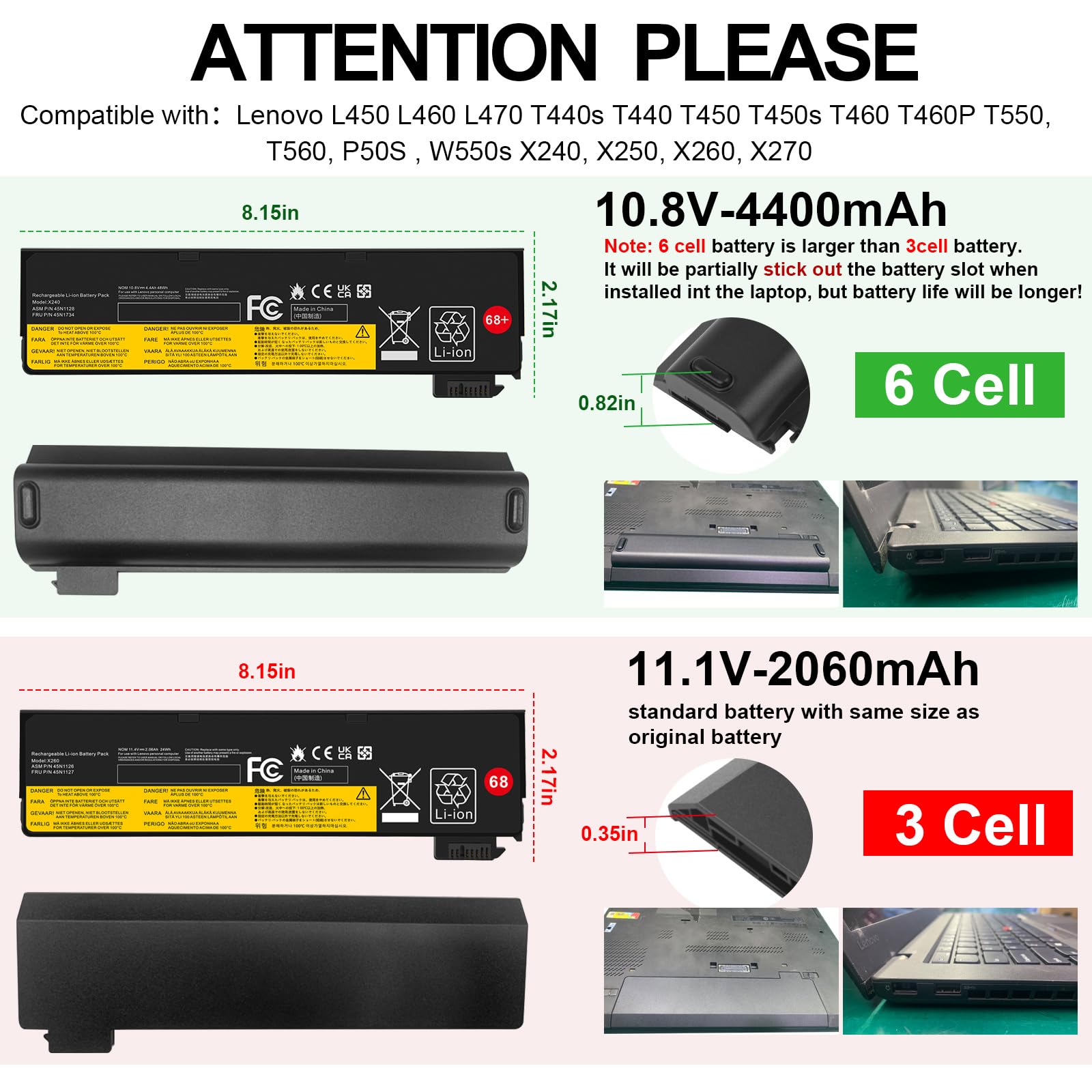 ASUNCELL 10.8V/4400mAh 68+ 45N1124 Batterie d'ordinateur Portable pour Lenovo ThinkPad T440 T440S X240 X240s S440 S540 X250 T450S L450 X260 K2450 T450 T460 L460 T550 W550S L470 P50S T460P Serie