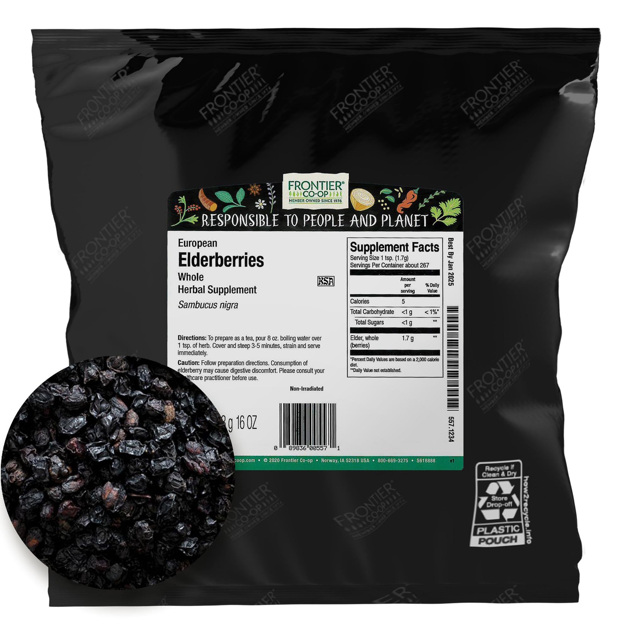 Frontier Co-op Dried Elderberries, European Whole - Non-GMO Elderberry Dried Fruit for Powder, Tea, Immune Support - Kosher | 16 Ounce (Pack of 4)
