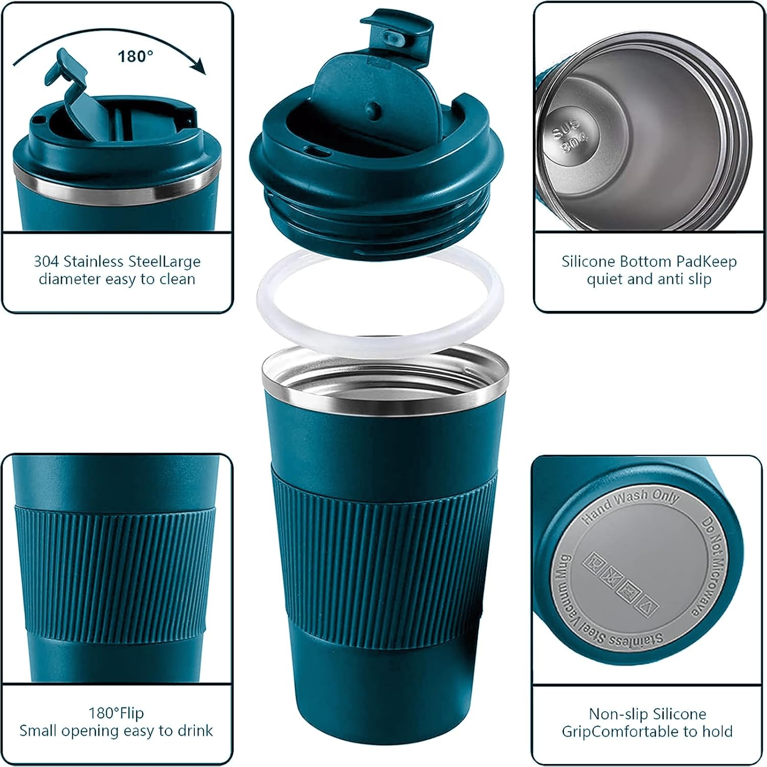 YINBAOGE Insulated Travel Coffee Mug, Spill & Leak Proof, Portable To Go Camping Stainless Steel Coffee Tumbler, Reusable Thermal Coffee Cup with Lid for Hot & Cold Drinks (Blue, 12 OZ) - Image 2