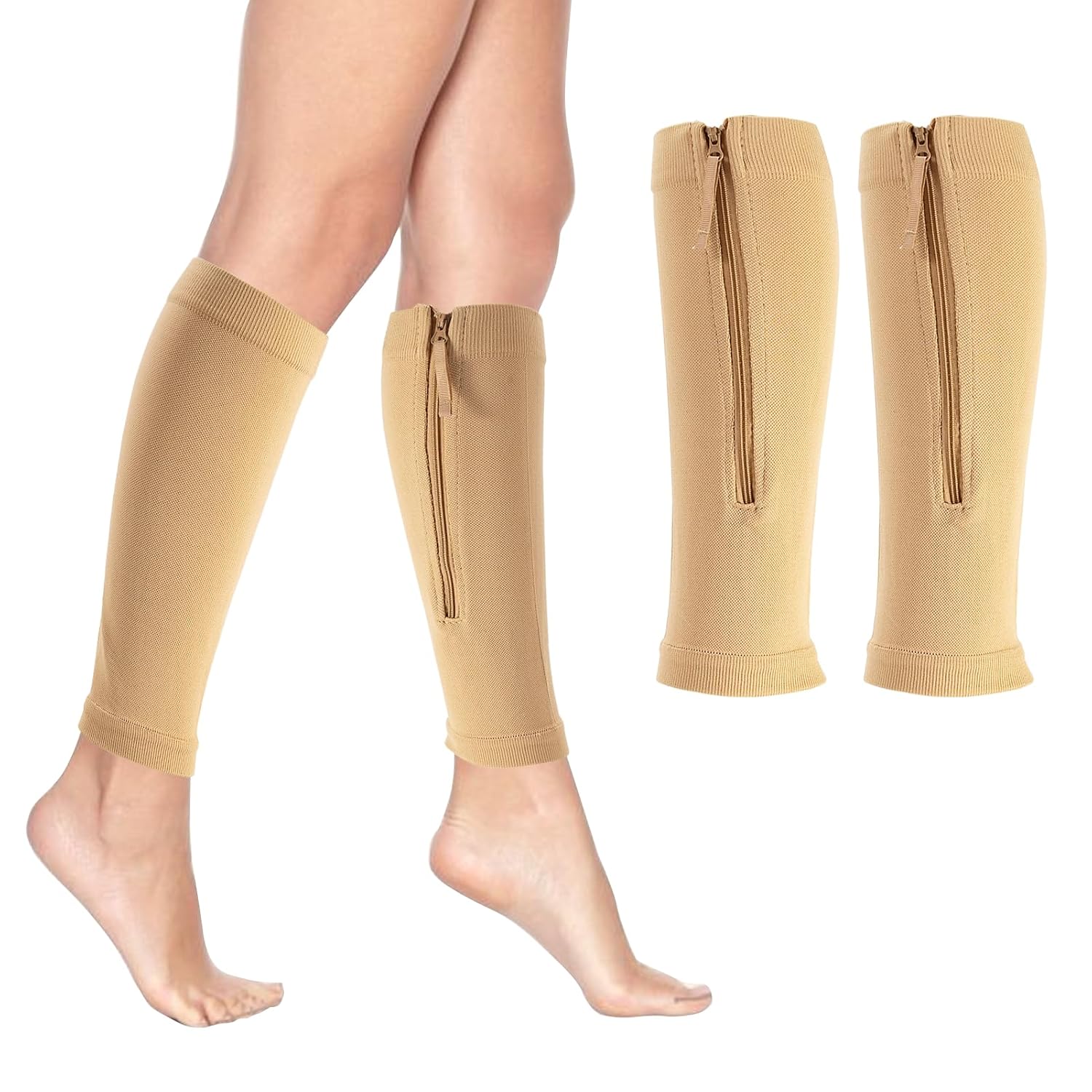 2 Piece Compression Sleeves for Women Calf, Leg Compression Sleeve with Zipper, Footless Compression Socks for Shin Splint Relief, Calf Brace for Use While Running and Cycling, Shin Sleeves(Skin tone)