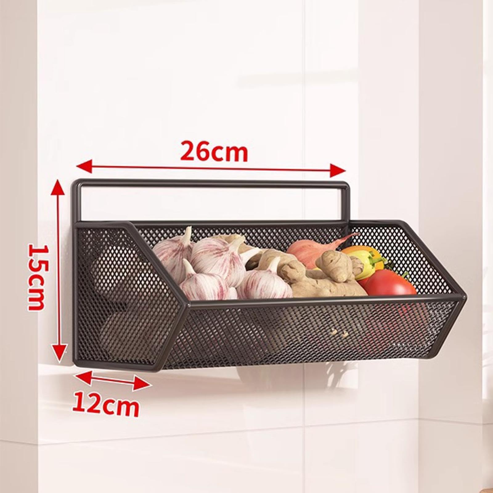 Hängekorb 1 Gitter, Obst Aufbewahrungskörbe, hängende Obstkörbe, selbstklebend, hängende Lagerung Organisator, Metallgitter Körbe abnehmbar für Küche Bad Schränke, 26 cm x 15 cm x 12 cm