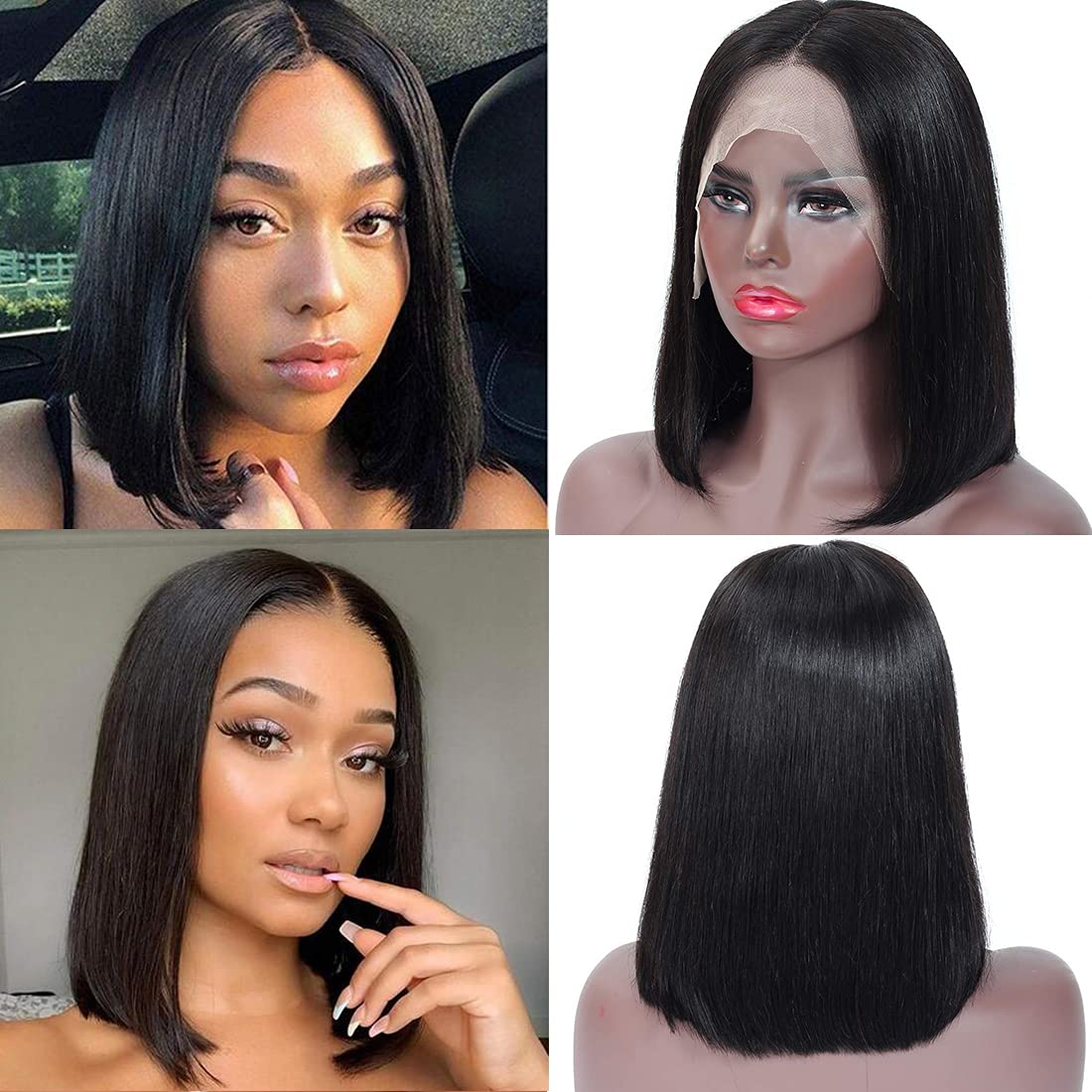 Misoun Hair Brazilian Virgin Remy Human Hair 13x4 Straight Short Bob Wig For Black Women 130% Density Unprocessed Pre Plucked Glueless Nature Color Can Be Dyed and Bleached(16 Inch)