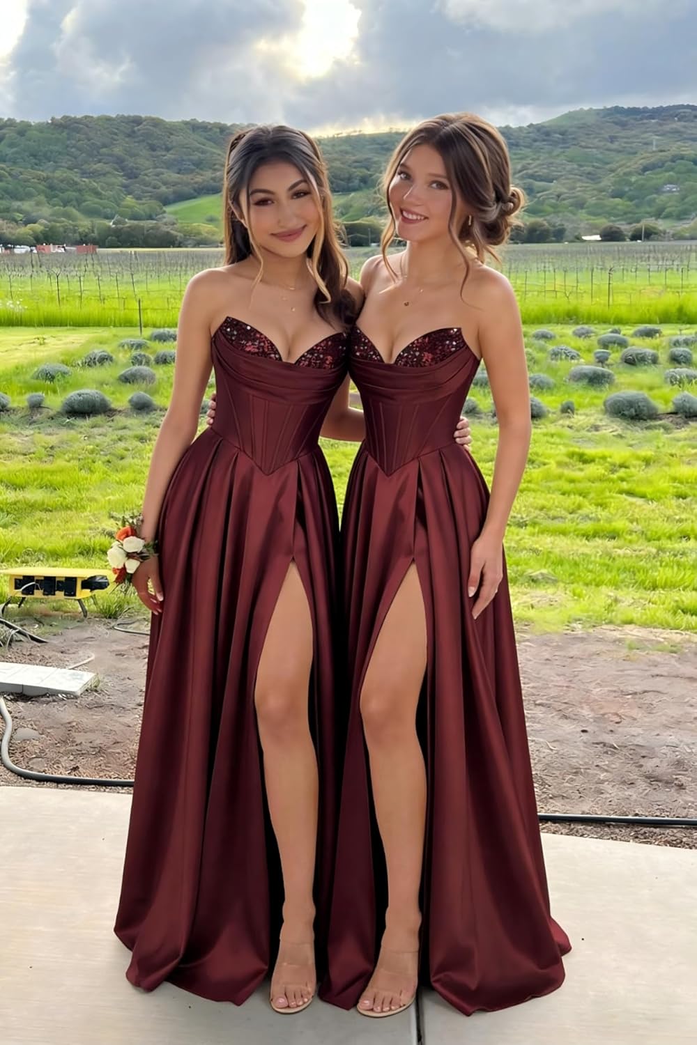 Women's Strapless Satin Corset Prom Dresses 2026 Long Sequin Pleated A Line Formal Dress with Slit Pockets