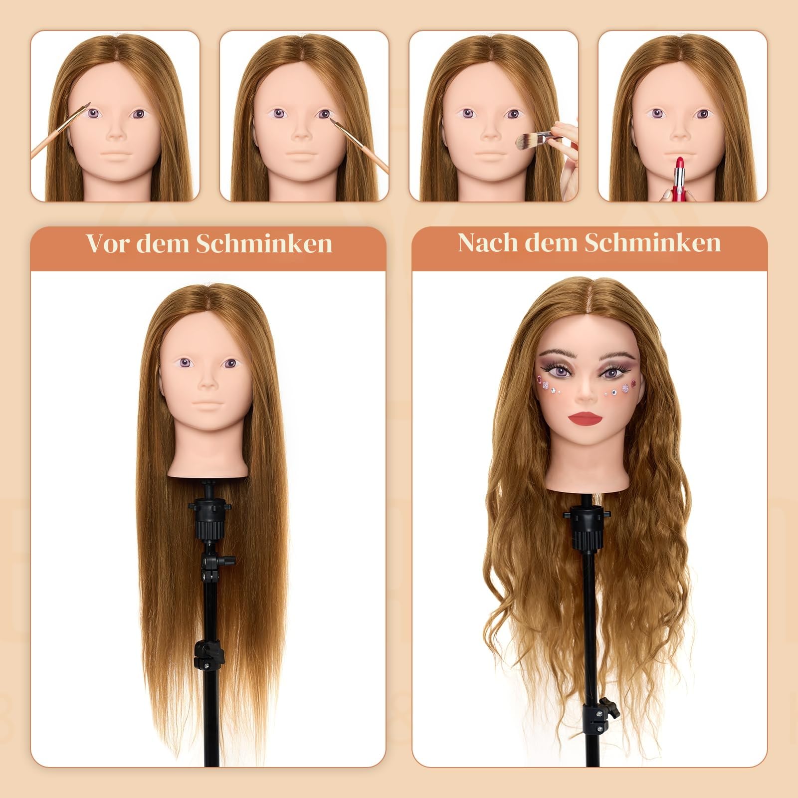 Neverland Beauty 71 cm Trainingskopf mit 60% Echthaar, Friseur-Mannequin-Kopf, Kosmetologie-Puppenkopf mit Tischklemme und Friseur-Werkzeug-Set, Glatt, Menschliches Haar, Einnähen Gold