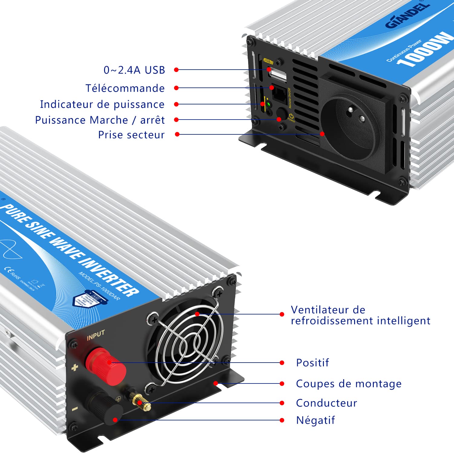 GIANDEL 1000W Convertisseur 12V 220V Pur Sinus pour RV Voiture de Camion Onduleur 230V 240V Transformateur Onde Sinusoïdale Pure avec Télécommande 2.4A USB Ports