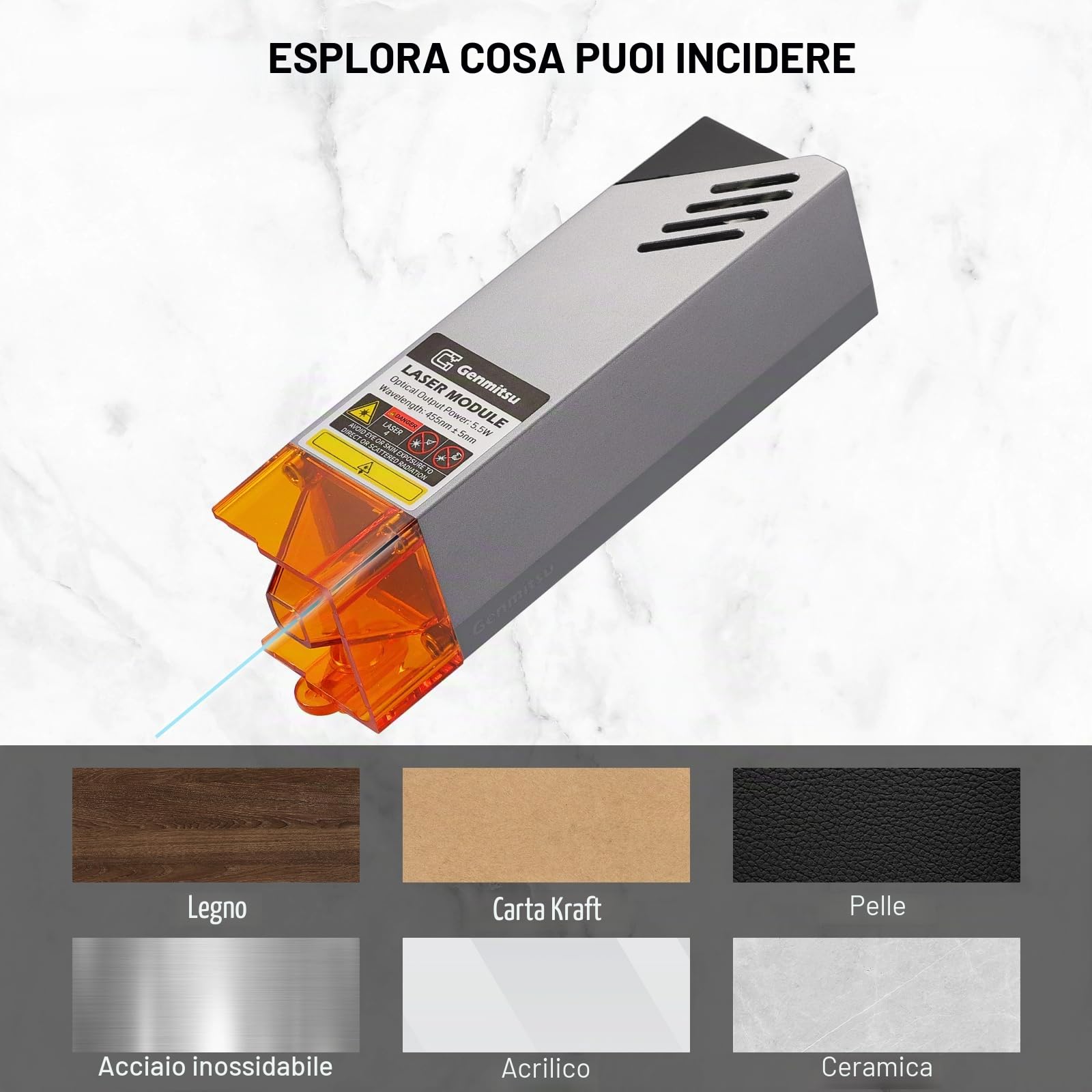 Genmitsu Modulo laser compresso, 5500 mW, per morsetto Z da 45 mm per Genmitsu Cubiko, 3018-PRO e 3018-PROVER, 3018-PROVer V2, 3020-PRO MAX V2 CNC