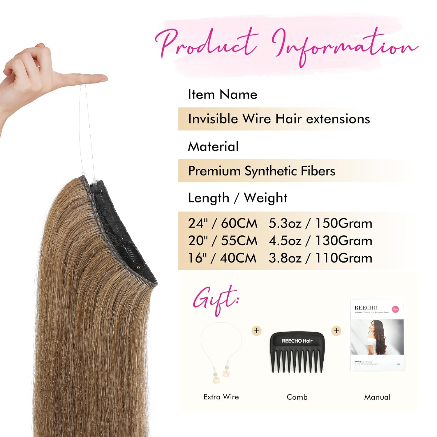 REECHO Invisible Wire Hair Extensions with Transparent Headband Adjustable Size Removable Secure Clips in Straight Secret Hairpiece for Women - 16 Inch,Light Brown 16 Inch (Pack of 1) Light Brown