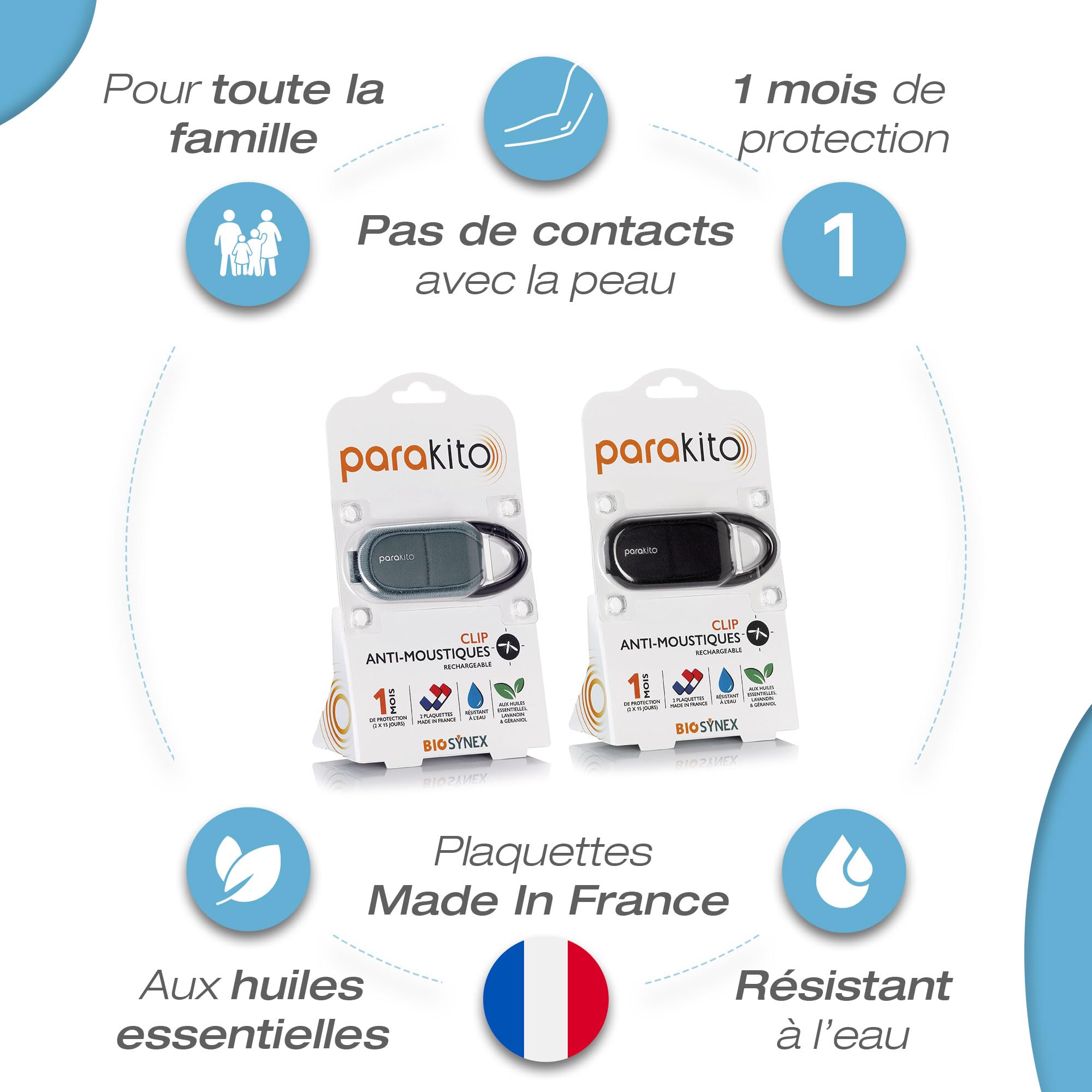 BIOSYNEX - PARAKITO - Clip Anti-Moustiques Réutilisable - 2 Plaquettes Incluses aux Huiles Essentielles - 1 Mois de Protection - Sans DEET - Pour Sac à Dos ou Autre Équipement (Kaki)