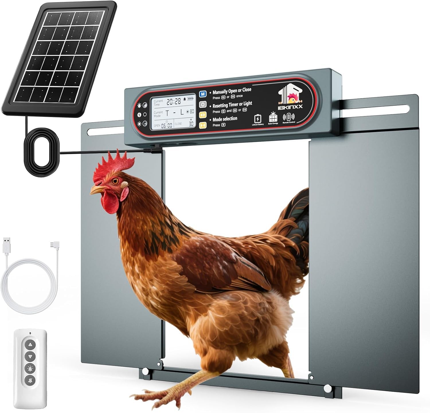 Automatic Chicken Coop Door with Horizontal Dual Opening, Remote & Manual Control, USB Backup, Predator-Proof Larger Opening Size House Door Solar Powered for Chicken, Duck and Poultry