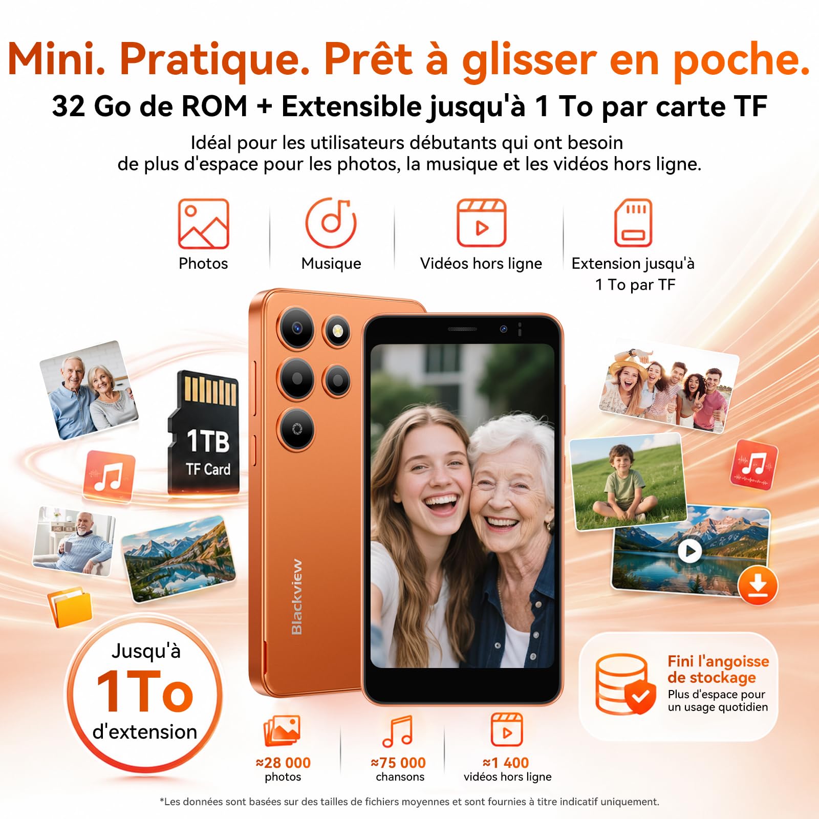 Blackview Wave 2C 5'' Telefono Portatile Mini Smartphone Android 16GB 9+32GB (ext 1TB) Dual SIM, Face ID/GPS, Compatibile Arancione, SFR, Bouygues, Free Mobile - Arancione