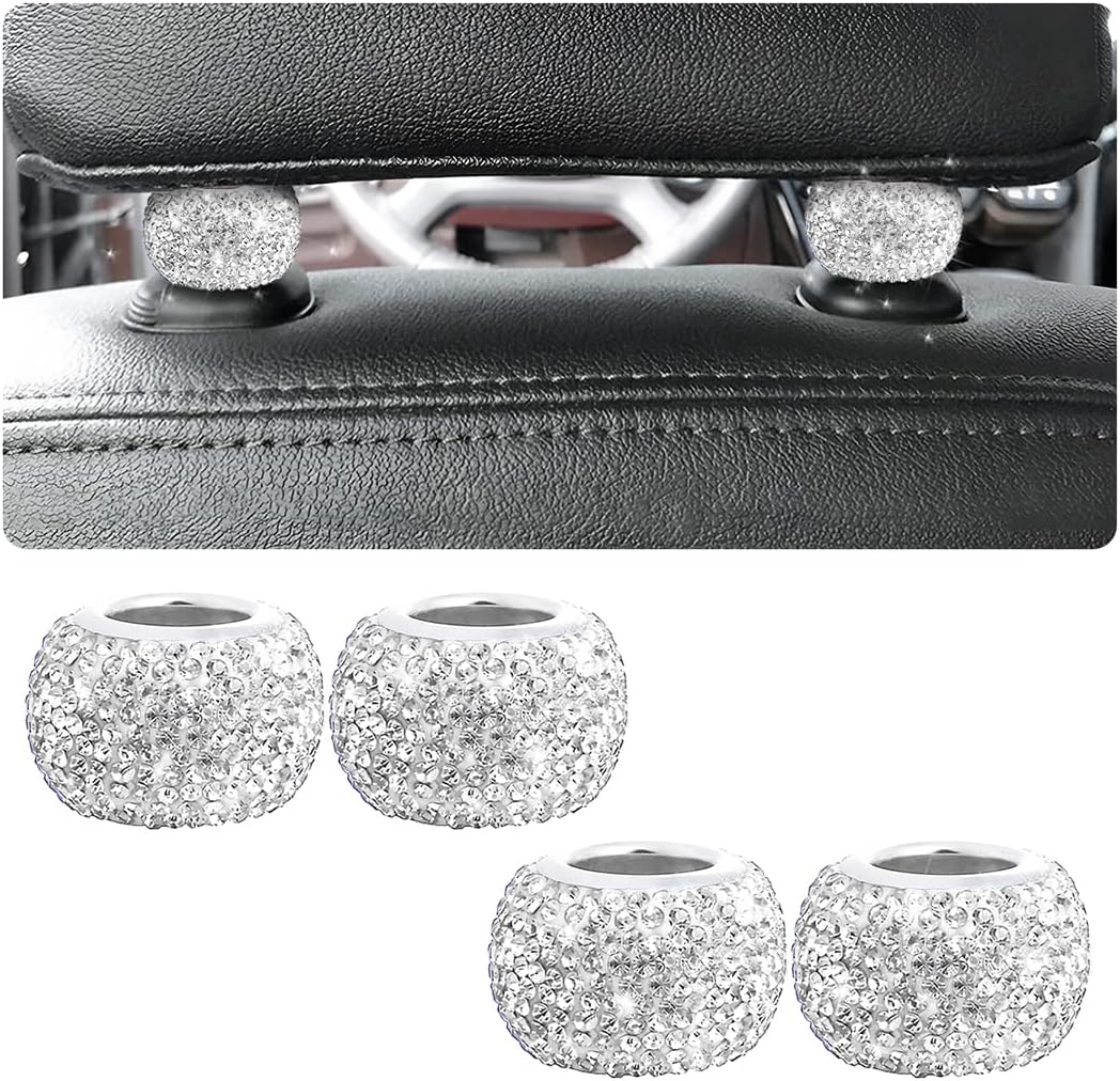 BELOMI 4 Pack Car Headrest Collars, Bling Car Head Rest Collars Rings Decor, Rhinestone Car Head Rest Collars, Diamond Interior Car Seat Accessory (White)