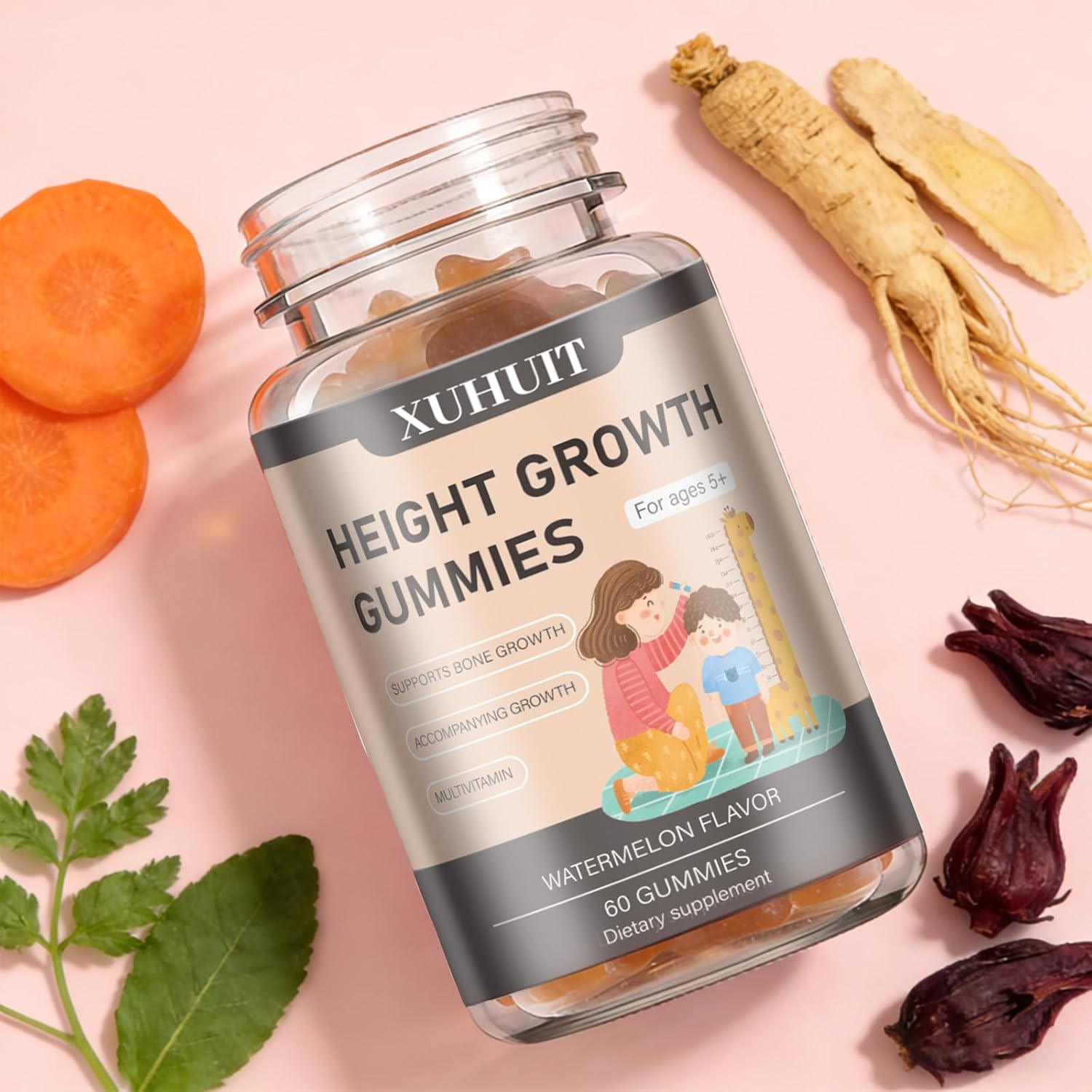 Growth Support Gummies for Kids, Teens & Adults | with Vitamin D3, K2, Calcium & Ashwagandha | Watermelon Flavor for Daily Nutrition (1)