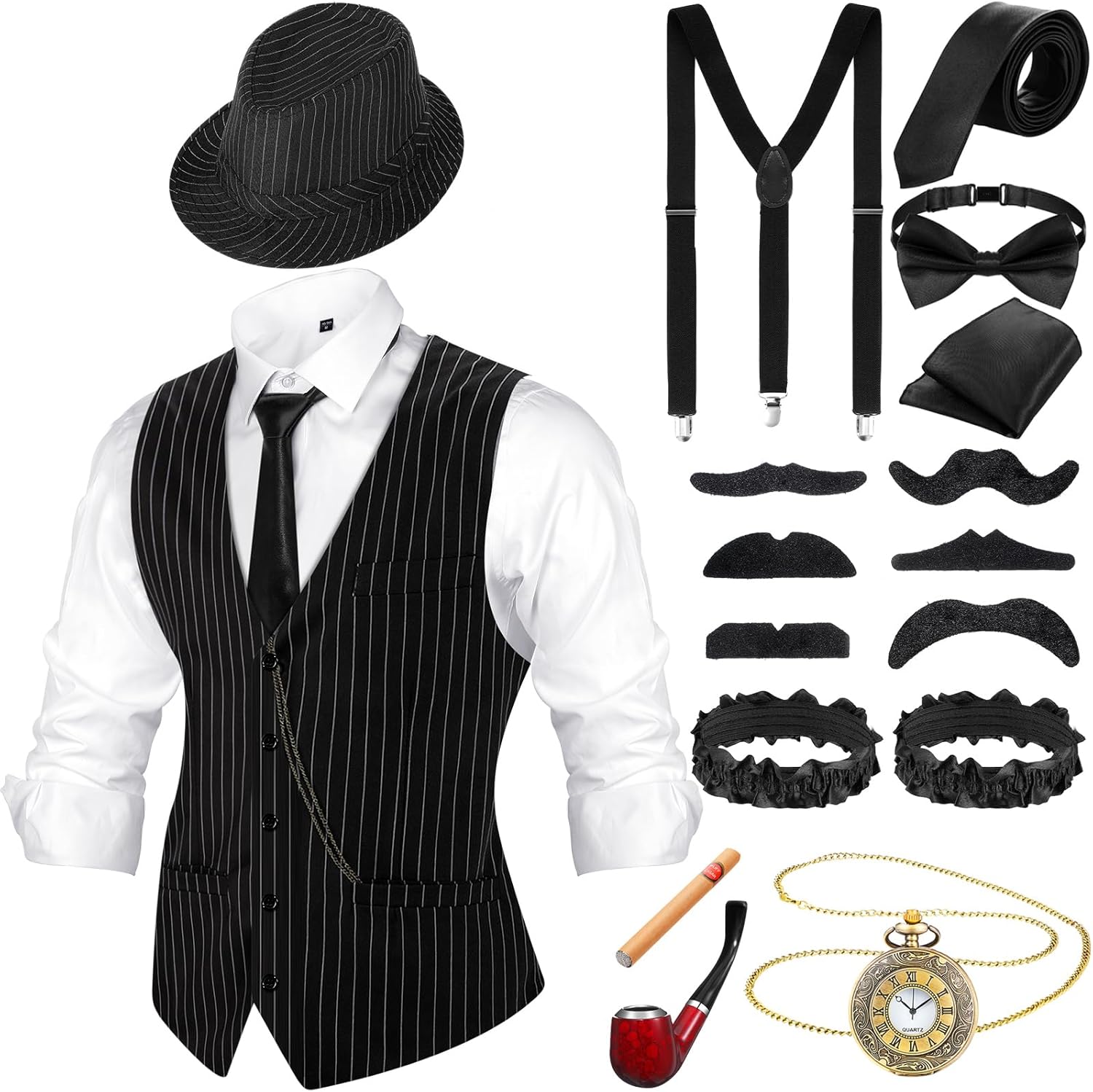 Neer 1920s Men Costume Accessories Outfit with Gangster Vest Hat Vintage Pocket Watch Bow Tie Suspenders Accessories