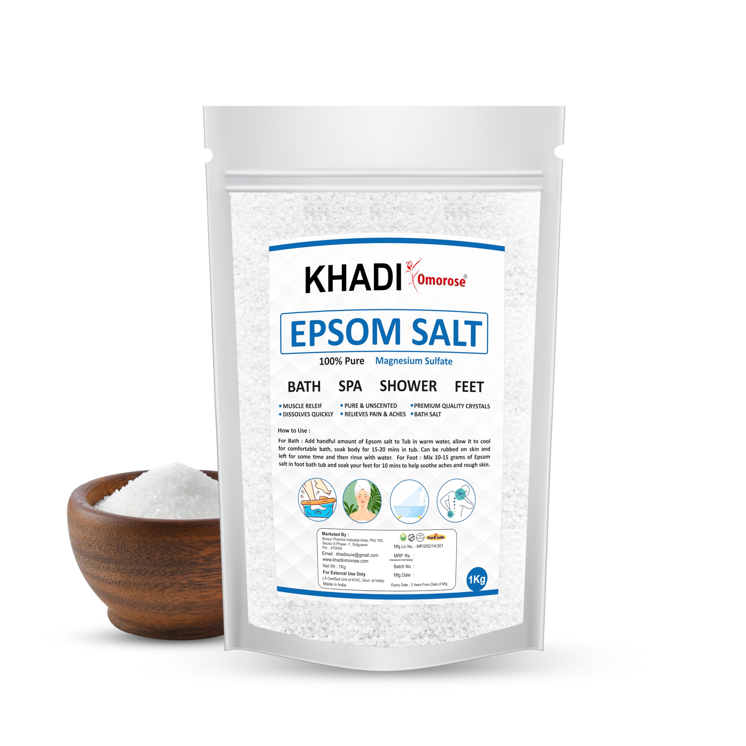Khadi Omorose Epsom Bath Salt Crystal and Bath |1 Kg | For refreshing bath soak | Foot Spa | Relieves aches & pain