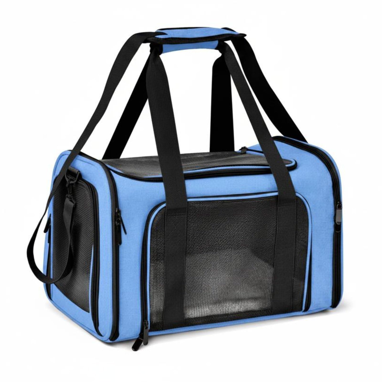 Tragbarer Haustierträger Faltbare Transporttasche Tiertransport Tasche Box Reisebox mit Gepolstertem Schultergurt Handgriffen Kofferschlaufe für Flughäfen Hotels, Blau, M