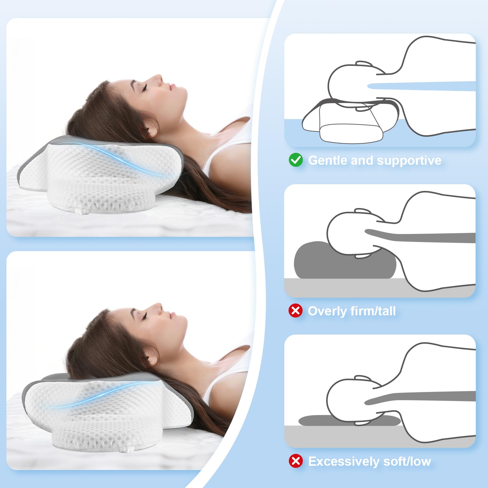 Cuscino Cervicale per Dormire, Cuscino Ergonomico in Memory Foam per Dormire, Cuscino per Supporto Cervicale con Federa Sfoderabile e Lavabile per Dormitori Laterali, Supini e Proni, Grigio