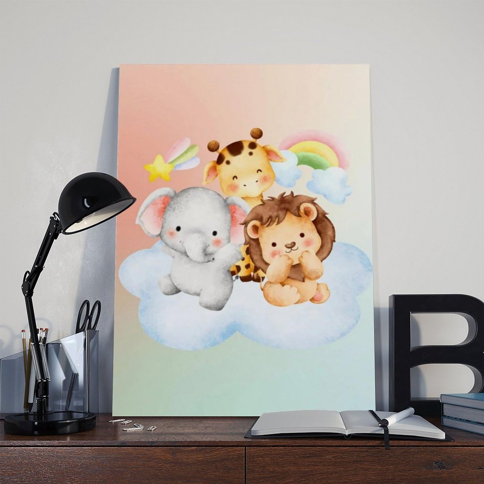 Elefanti, leoni, giraffe, una camera dei bambini a tema giungla in un parco naturalistico. Poster su tela per camera da letto, decorazione per ufficio, camera da letto, regalo, 61 cm L x 91,4 cm W