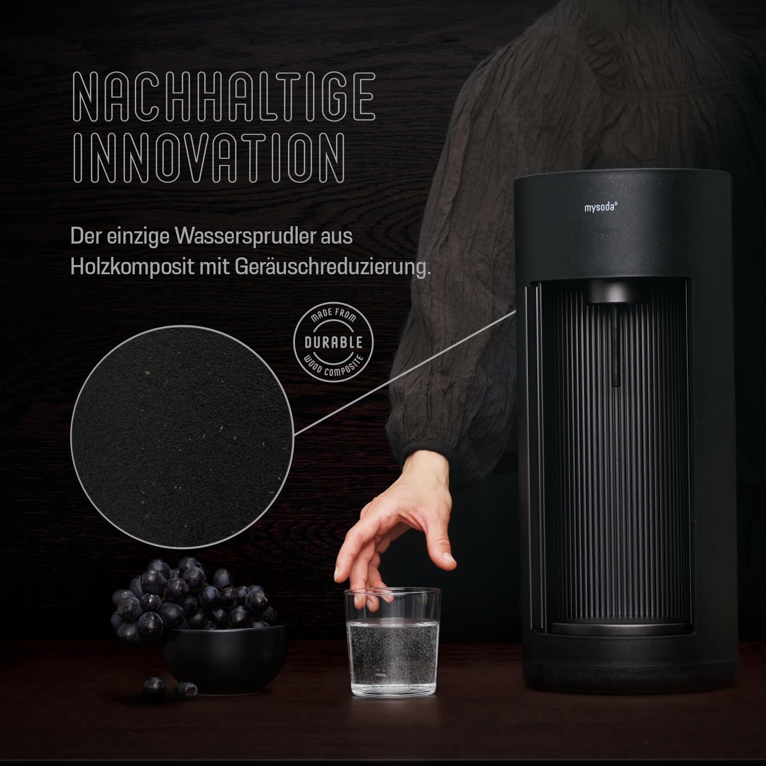 Mysoda: Glassy Wassersprudler aus Holzkomposit und Aluminium mit 1L Glasflasche (ohne C02-Zylinder) - Schwarz