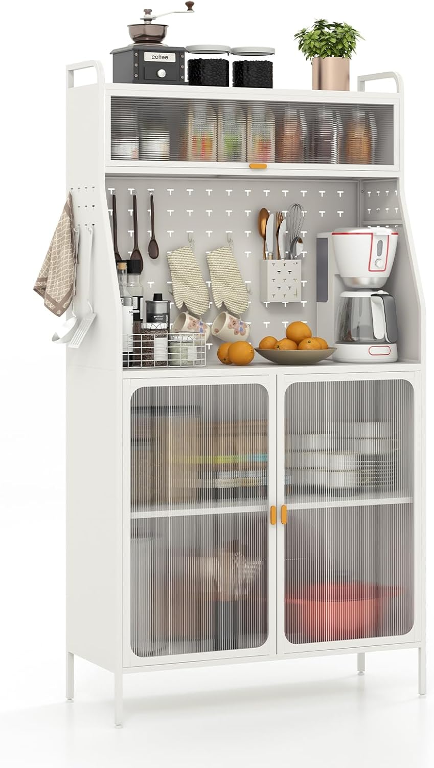 Giantex Pantry Organizers and Storage, 63.5" H Kitchen Buffet Cabinet with Hutch, Pegboard, 8 Hooks & 1 Hanging Storage Box, Standing Bakers Rack with Flip-up PC Doors, Tool-Free Assembly (White)
