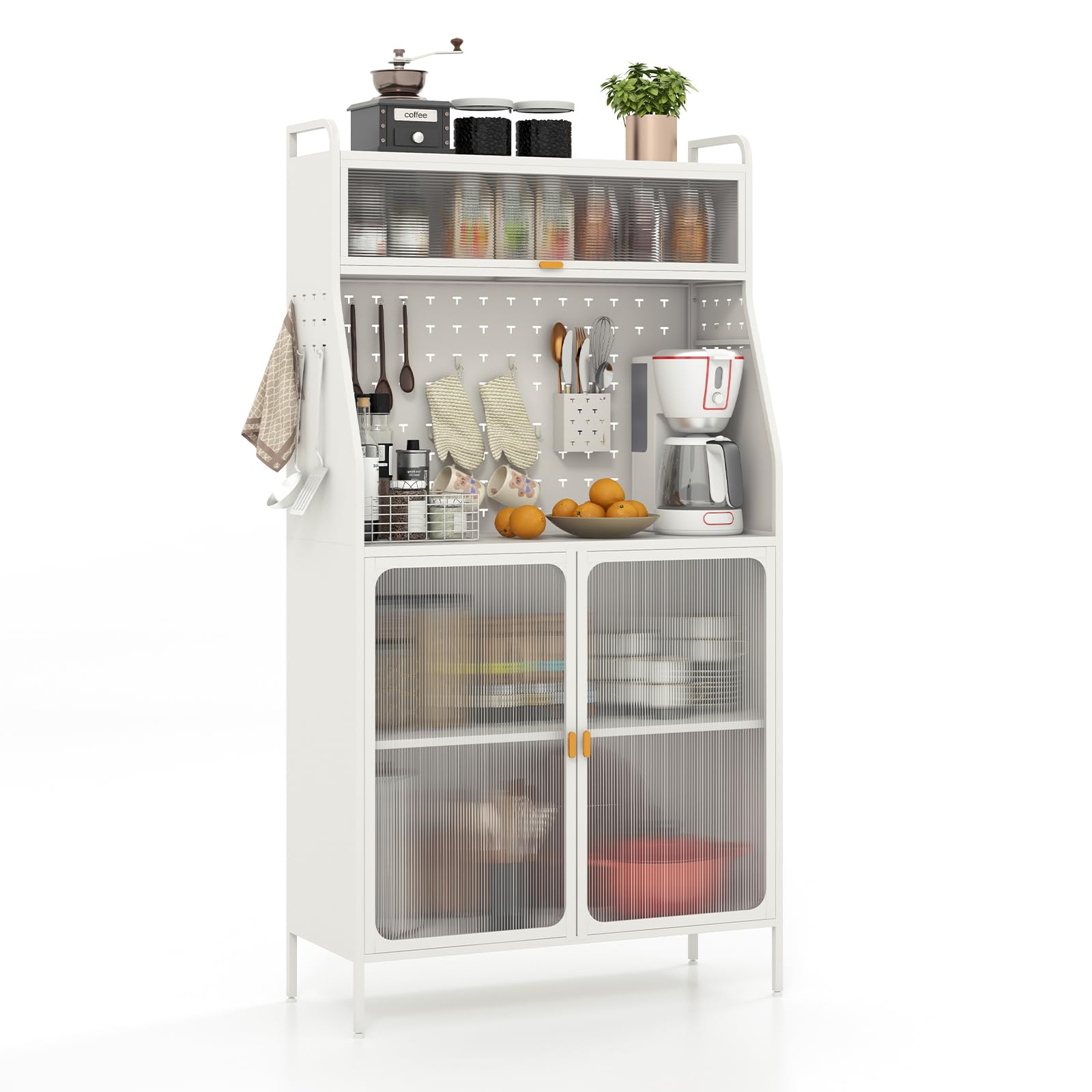 Giantex Pantry Organizers and Storage, 63.5" H Kitchen Buffet Cabinet with Hutch, Pegboard, 8 Hooks & 1 Hanging Storage Box, Standing Bakers Rack with Flip-up PC Doors, Tool-Free Assembly (White)