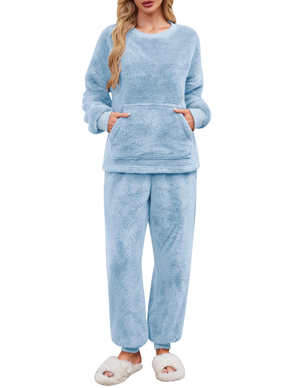 UMIPUBO Schlafanzug Damen Lang Pyjama Set Winter Thermo Fleece Kuschelig Hausanzug Weich Flauschig Locker Nachtwäsche Zweiteiliger Oberteile Langarm mit Warm Hosen Loungewear PJS für Frauen