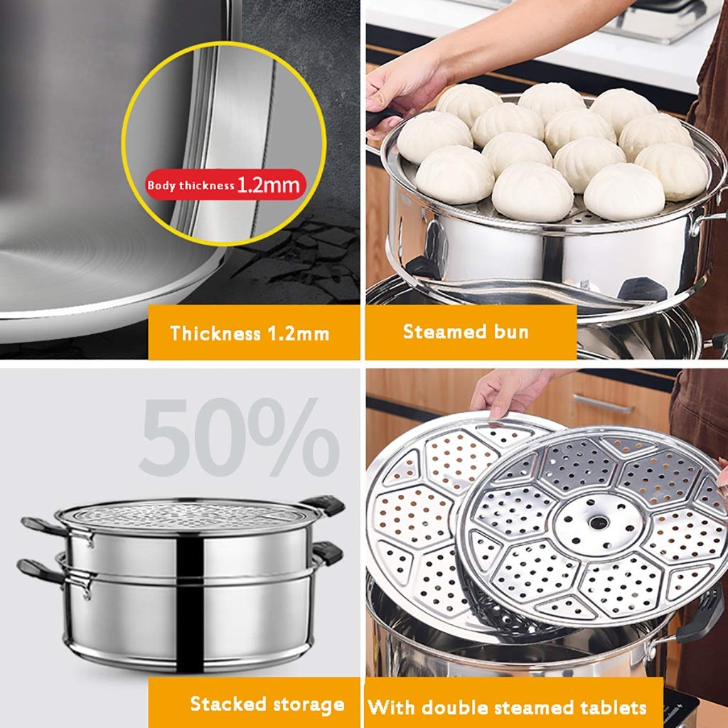 201 Edelstahl-Dampfer/Suppentopf 2-Schicht-Haushalt mit Steamer 30-40cm verdickte geeignet for Gasherd/Induktionsherd geeignet for 5-12 Personen(40cm)