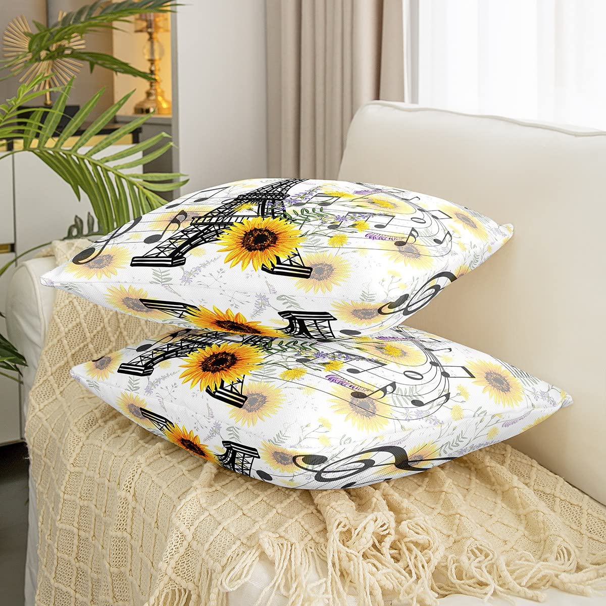 Loussiesd Eiffel Tower Throw Pillow Covers for Sofa Bed Set of 2 Sunflowers Paris Decorative Pillows Cushion Covers Paris Decor Yellow Floral Flower Print Pillow Inserts Not Included 18x18 Inch - Image 3