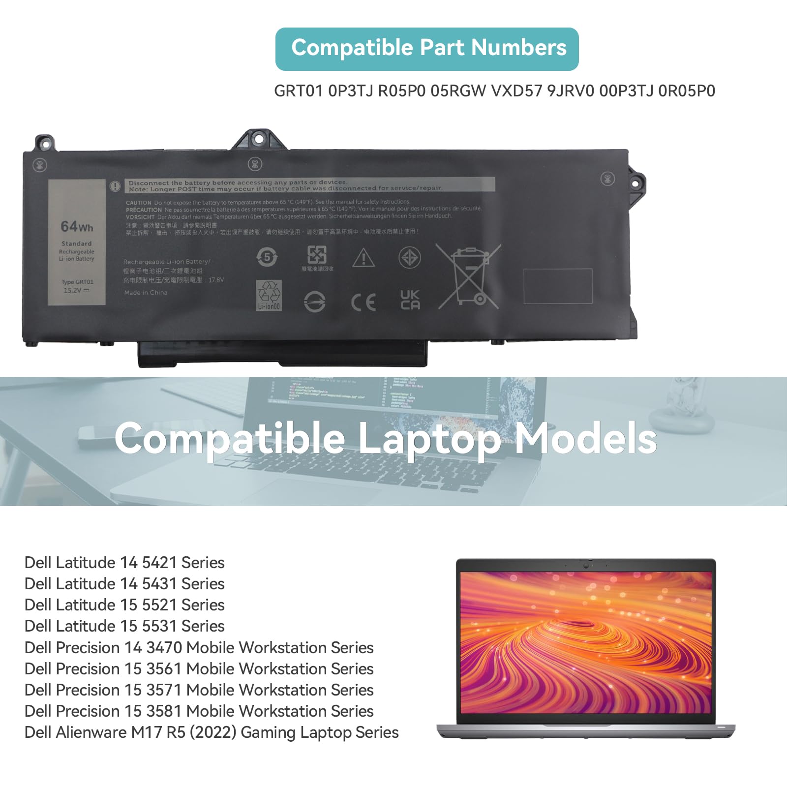 K KYUER 64Wh GRT01 Laptop Batteria per Dell Latitude 14 15 5421 5431 5521 5531 Precision 3470 3561 3571 3581 Mobile Workstation Alien ware M17 R5 AMD Gaming Series 0P3TJ R05P0 05RGW VXD57 9JRV0 00P3TJ