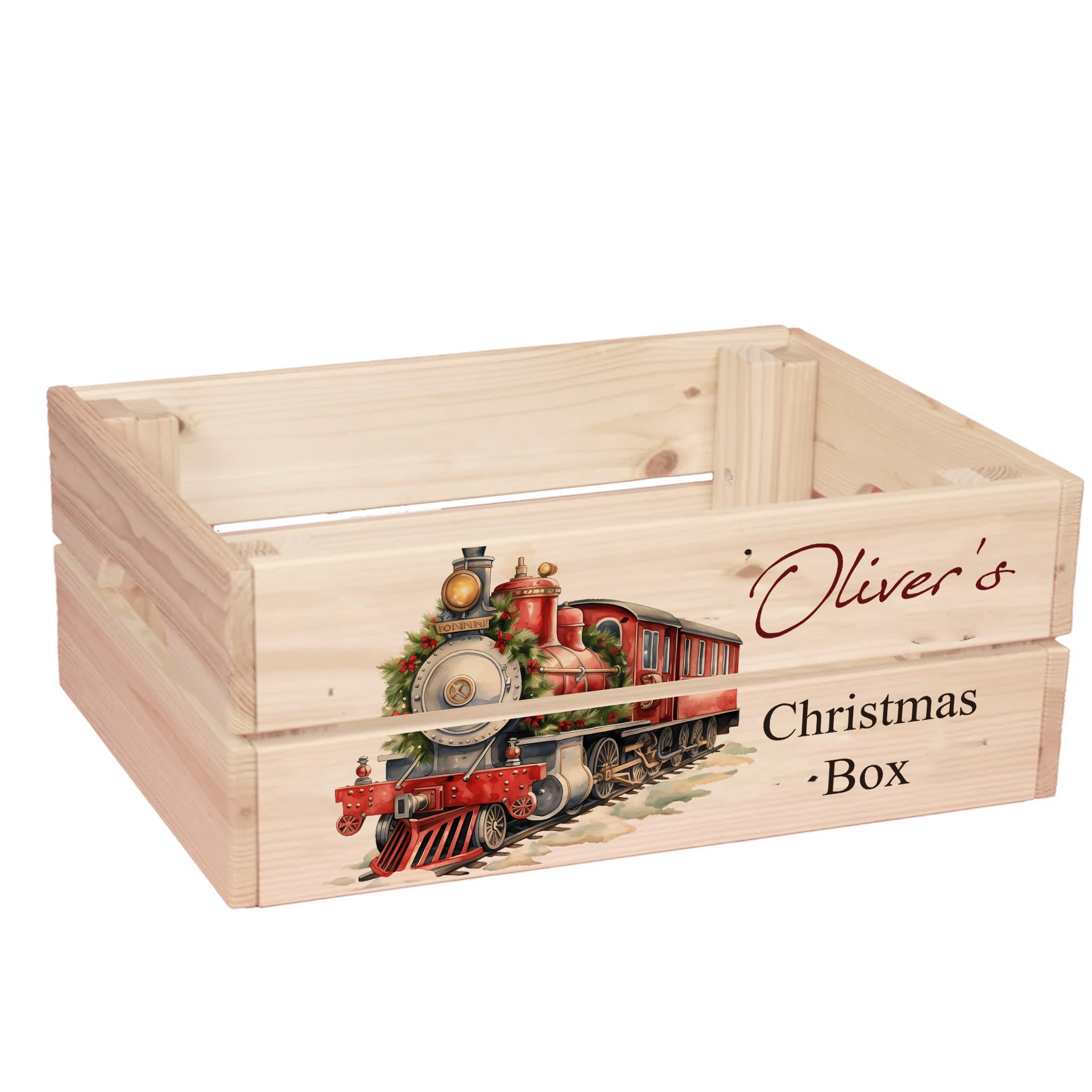 ukgiftstoreonline Personalised Christmas Eve Box with Santa, Trees, Reindeer, Snowman Designs, Wooden Storage Crate, 30.5 x 25 x 12 cm, Holiday Presentation Box with Side Handles (Locomotive-3)