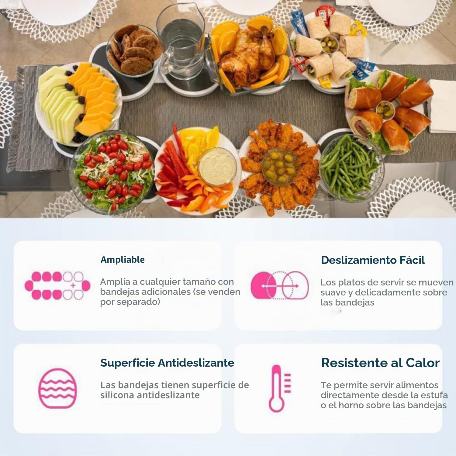 Bandeja Giratoria para Mesa,Plataforma Giratoria para Mesas Rectangulares Largas,Mesa Giratoria De 360°,8 Bandejas,para Servir Alimentos para Reuniones Familiares,Fiestas,Banquetes